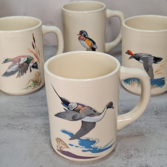 Vintage NED SMITH Game Birds Water Fowl Coffee Mug Set of 4 Made In USA Cabin - Picture 2 of 16